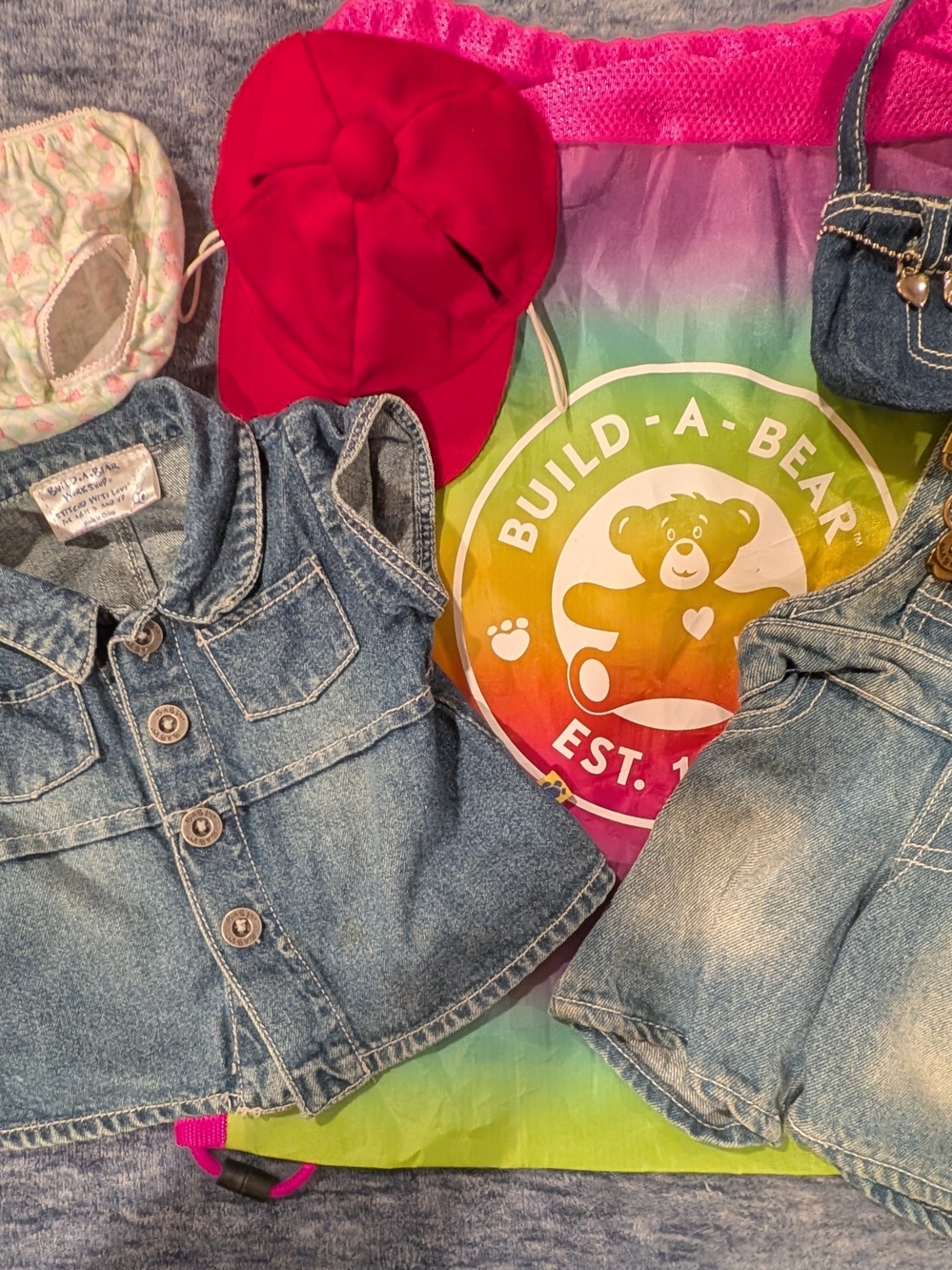 Build-A-Bear Pink Rainbow Drawstring Backpack And Clothes
